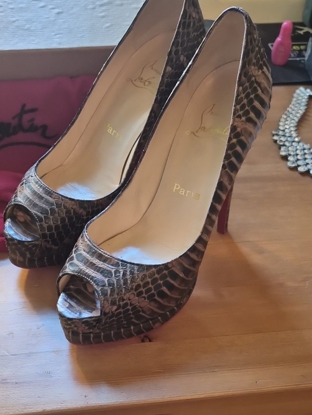 Christian Louboutin Brown Snakeskin Peep-Toe Pumps with Red Soles